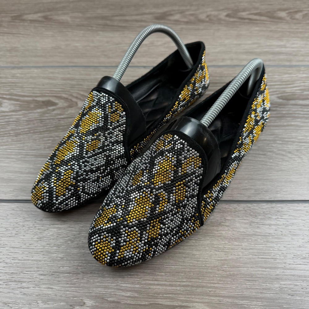 Brian Atwood Womens Loafers Studded Snakeskin Pattern Gold Silver Black 10